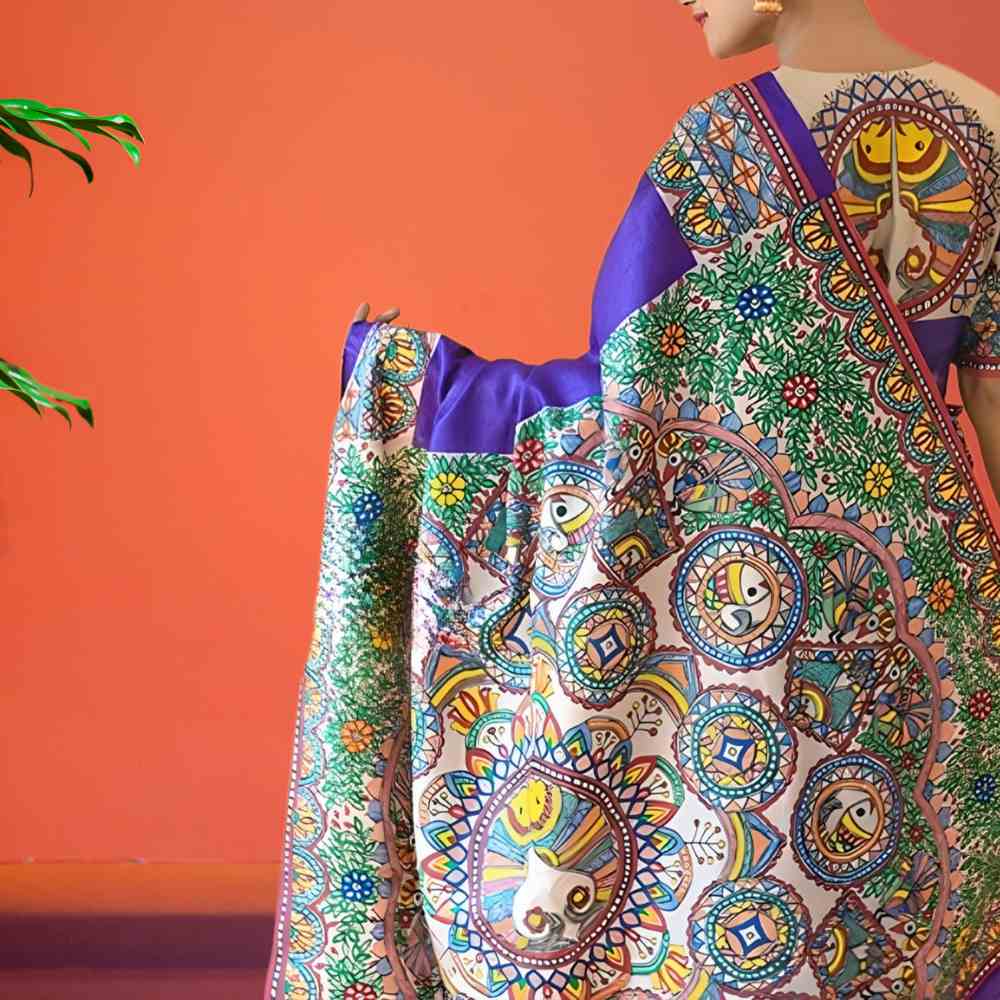 Tussar Saree with Madhubani Bride, Doli, and Kaahar Painting